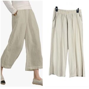 Womens Wide Leg Cropped Pants Size Large Beachy Coastal Resort Bohemian Cream